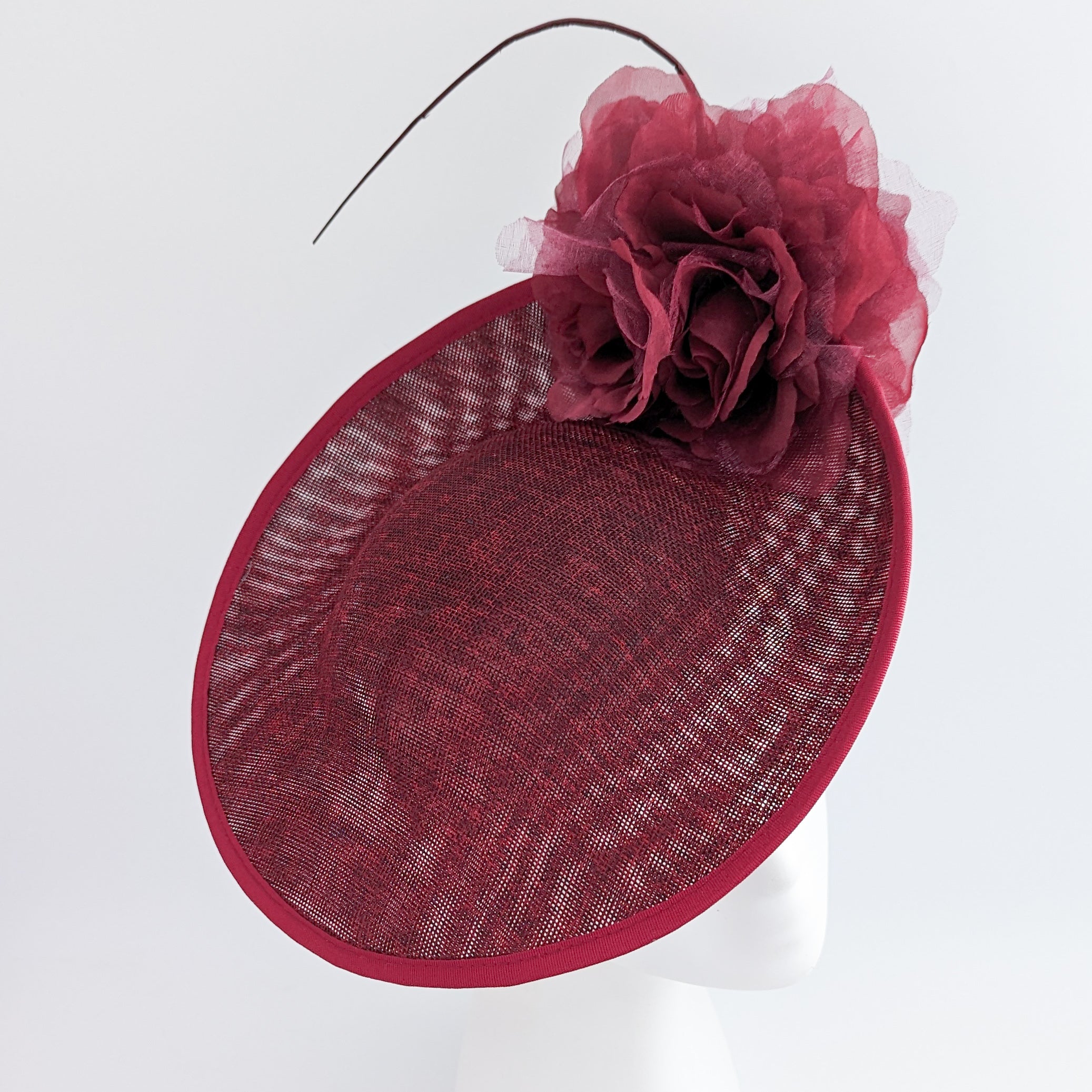 Burgundy large flower saucer disc fascinator hat