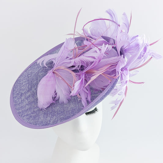 Lavender purple and lilac feather large saucer disc fascinator hat
