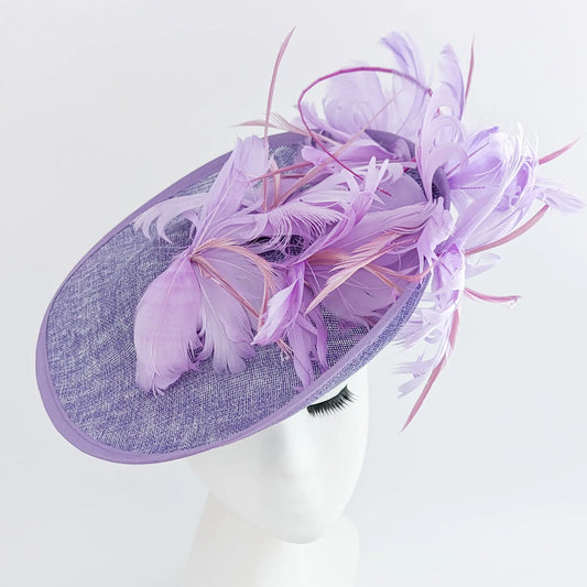 Lavender purple and lilac feather large saucer disc fascinator hat House of Hats