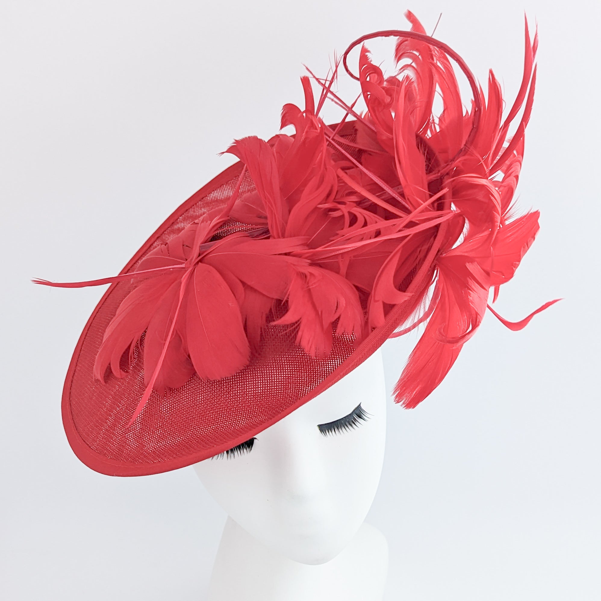 Red feather large saucer disc fascinator hat