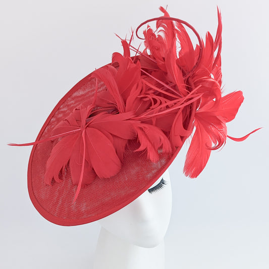 Red feather large saucer disc fascinator hat