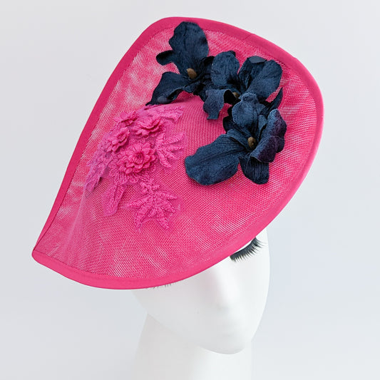 Fuchsia and navy large teardrop flower fascinator hat