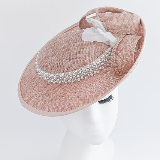 Blush pink beaded large flower saucer disc fascinator hat