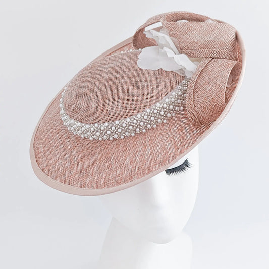 Blush pink beaded large flower saucer disc fascinator hat House of Hats