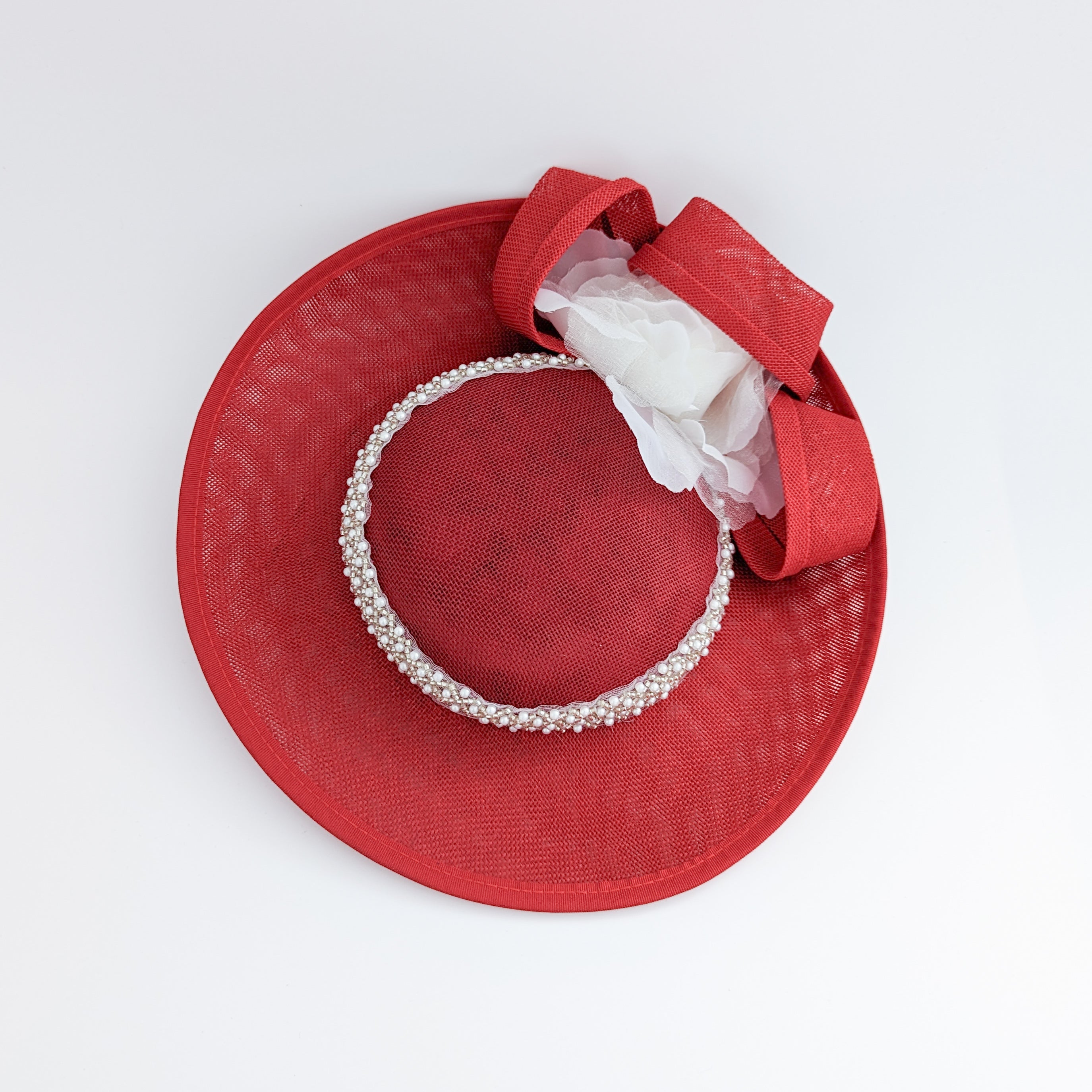 Red beaded large flower saucer disc fascinator hat