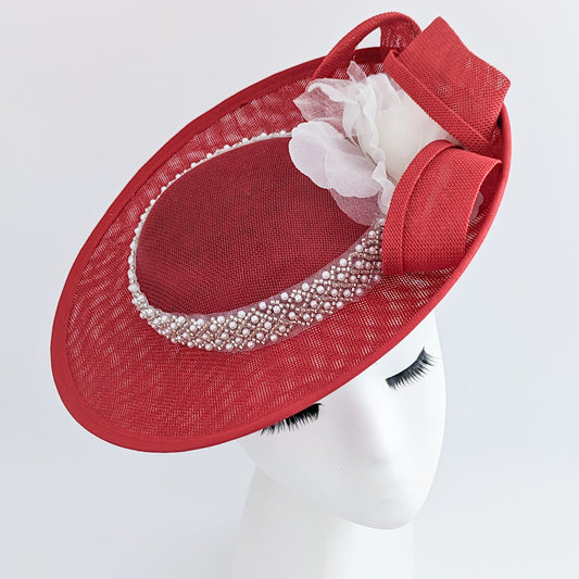 Red beaded large flower saucer disc fascinator hat