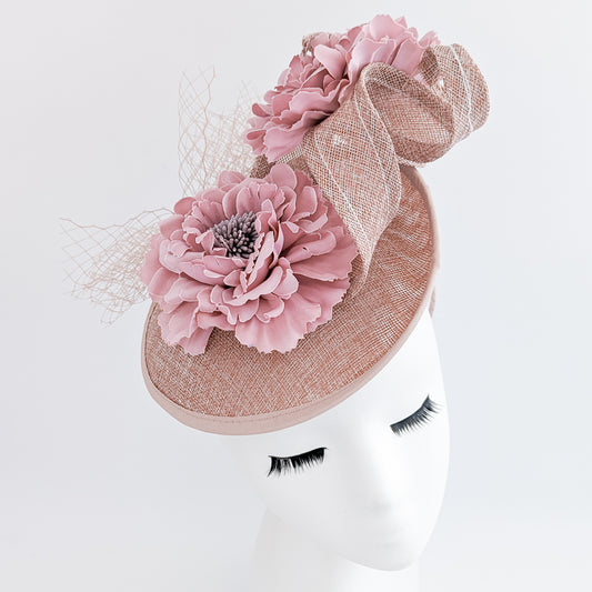 Blush pink flower fascinator disc saucer hat