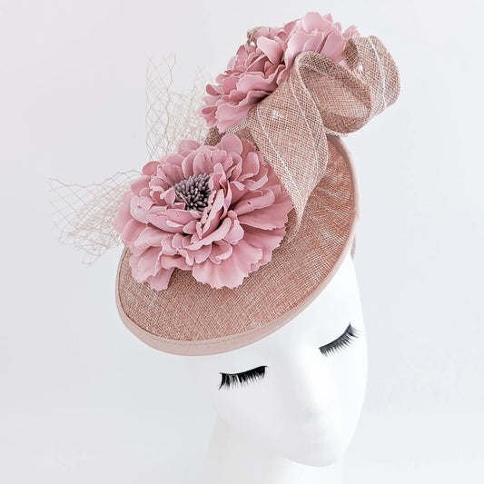 Blush pink flower fascinator disc saucer hat House of Hats