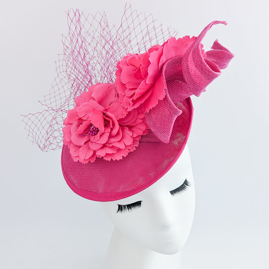 Fuchsia pink flower fascinator disc saucer hat