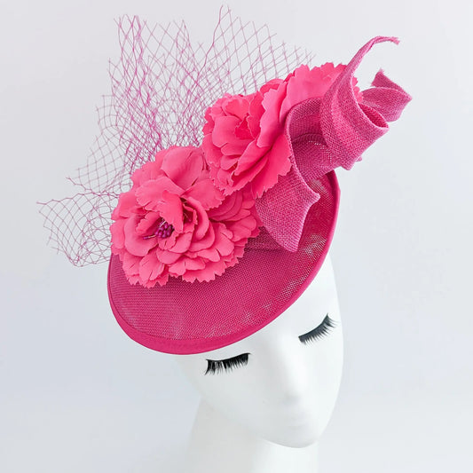 Fuchsia pink flower fascinator disc saucer hat House of Hats