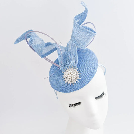 Light cornflower blue pearl fascinator hat House of Hats