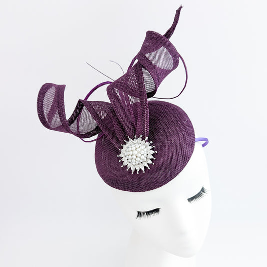 Dark plum purple pearl fascinator hat