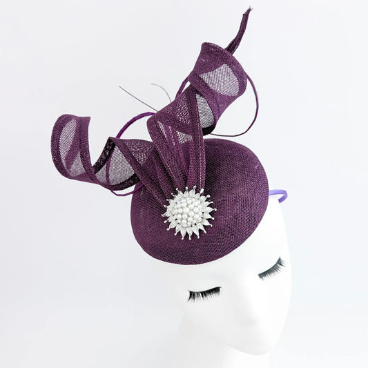 Dark plum purple pearl fascinator hat House of Hats