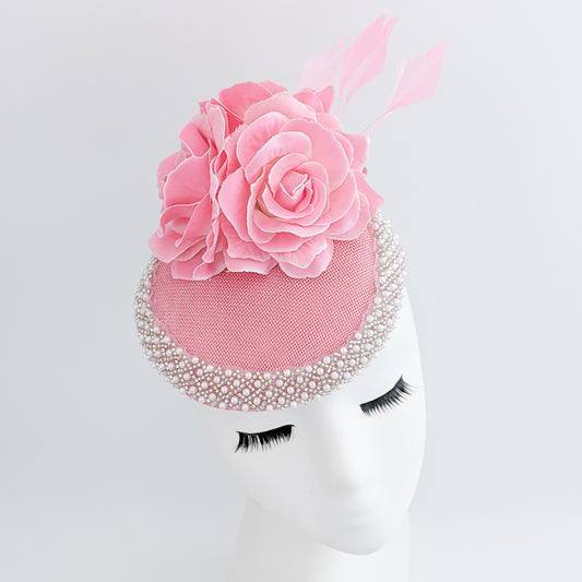 Pink beaded flower fascinator hat