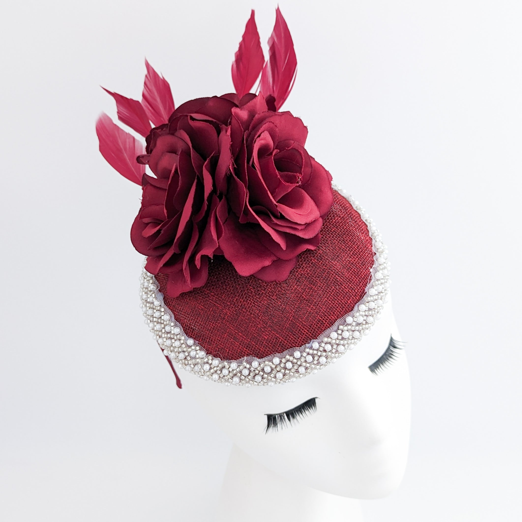 Burgundy beaded flower fascinator hat