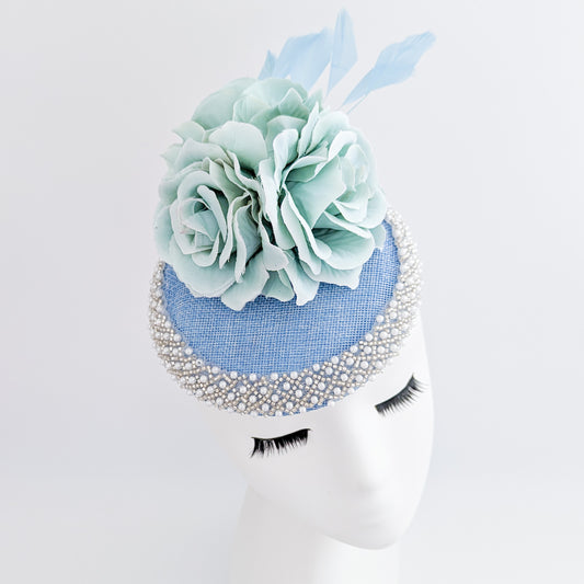 Light cornflower blue beaded flower fascinator hat