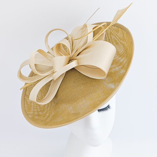 Gold feather large saucer disc fascinator hat