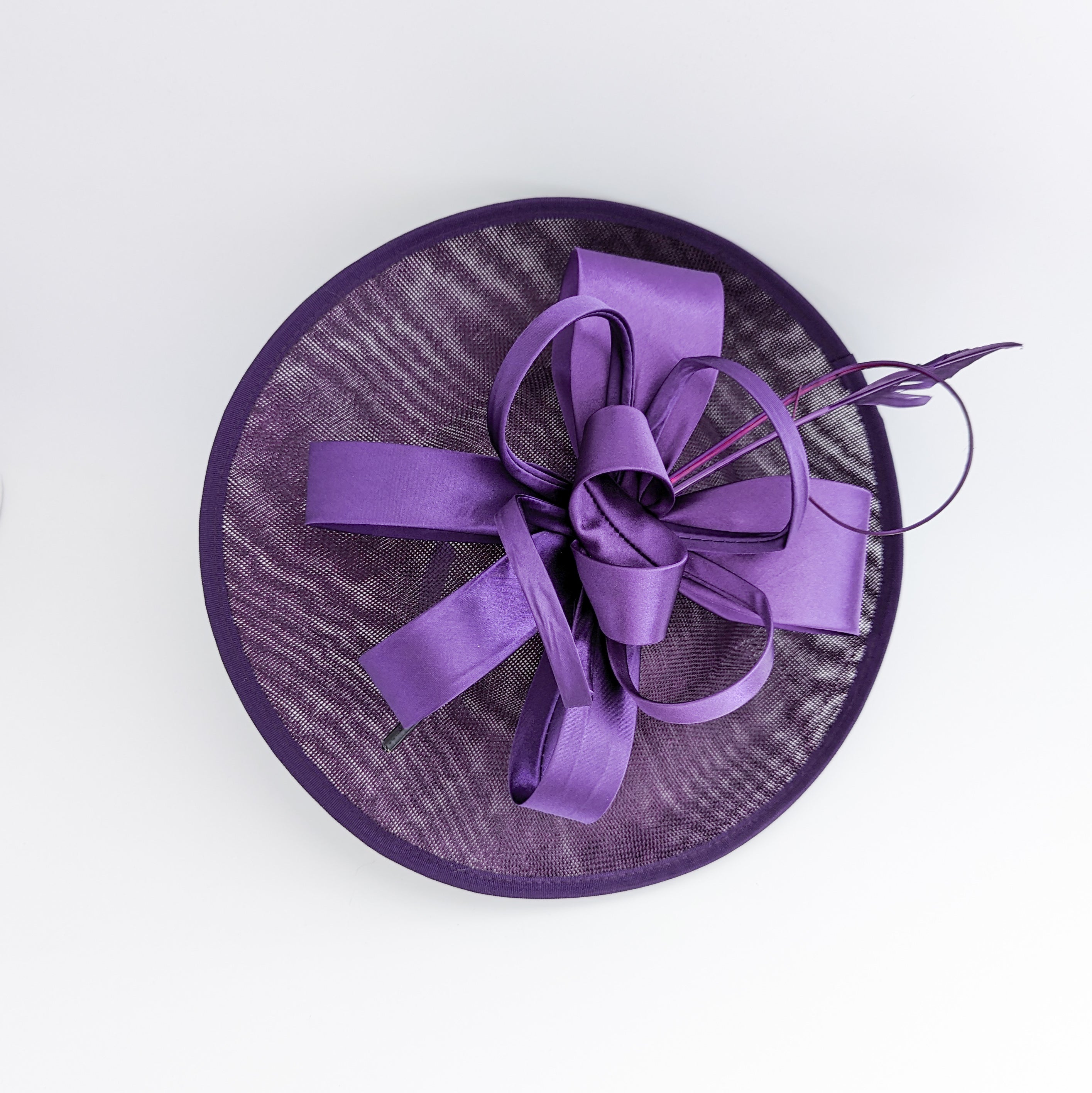 Dark aubergine purple feather large saucer disc fascinator hat Dark aubergine purple feather large saucer disc fascinator hat