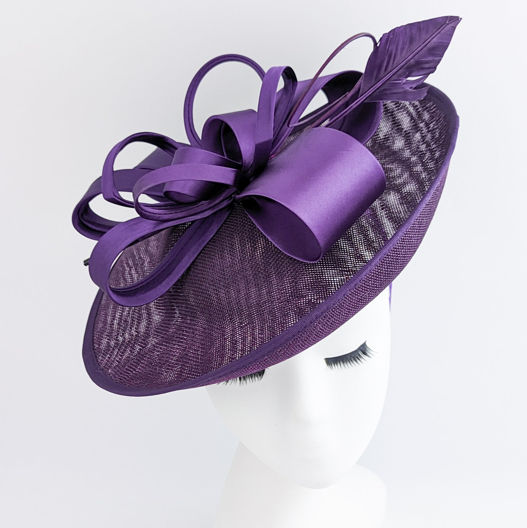 Dark aubergine purple feather large saucer disc fascinator hat Dark aubergine purple feather large saucer disc fascinator hat