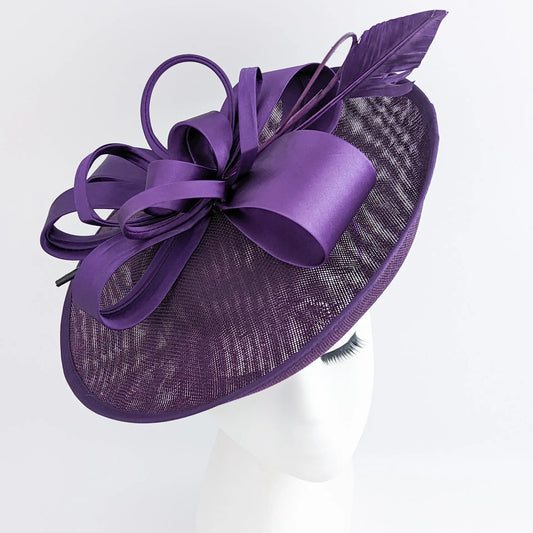 Dark aubergine purple feather large saucer disc fascinator hat House of Hats