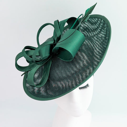 Dark emerald green feather large saucer disc fascinator hat