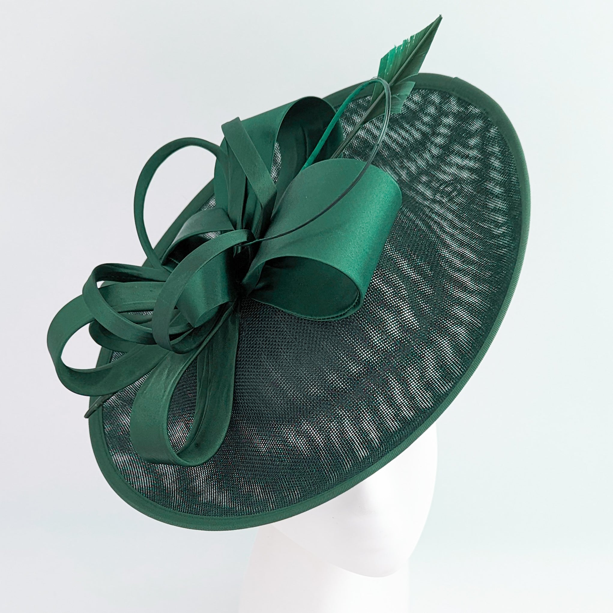 Dark emerald green feather large saucer disc fascinator hat Dark emerald green feather large saucer disc fascinator hat