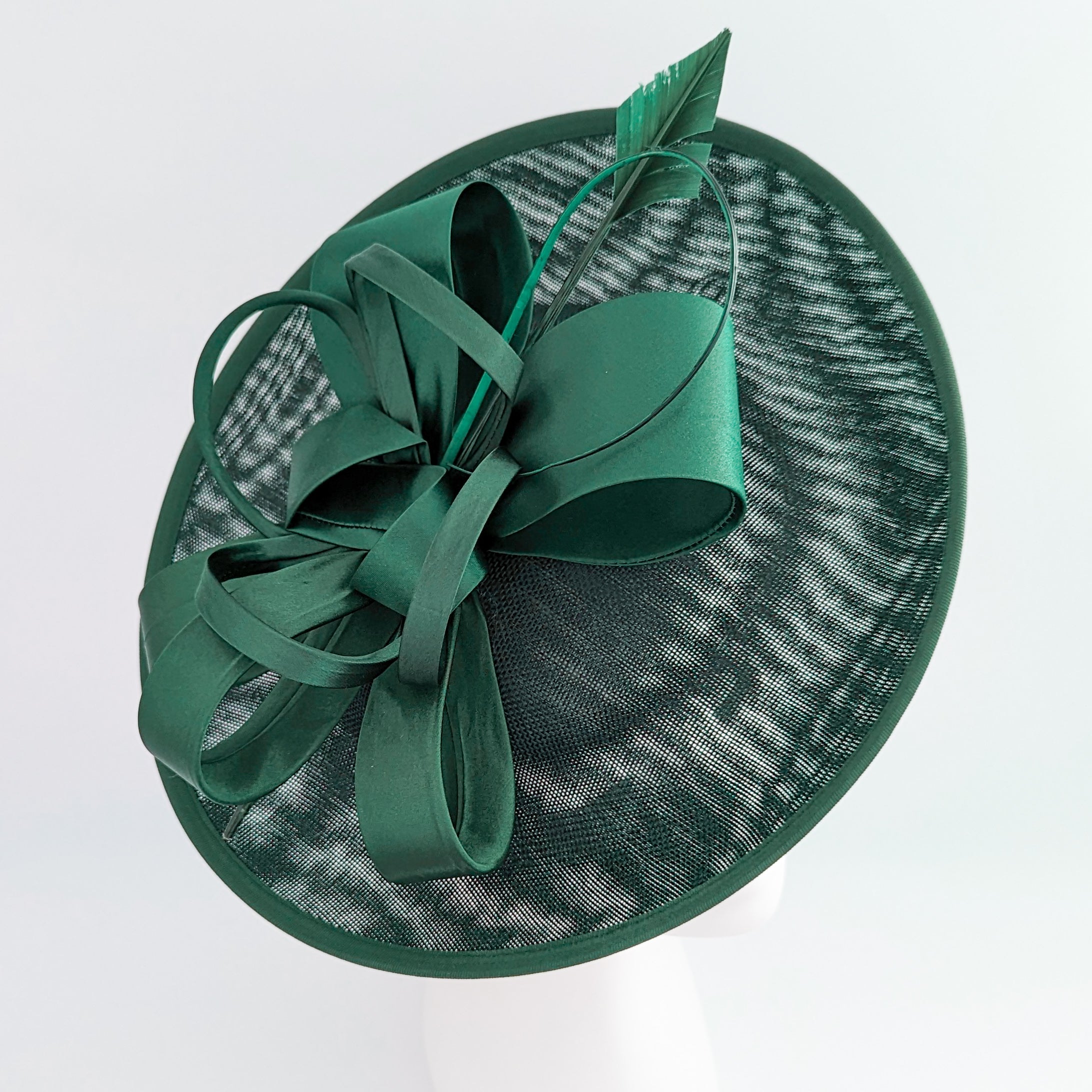 Dark emerald green feather large saucer disc fascinator hat