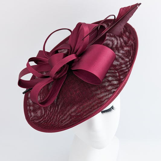 Burgundy feather large saucer disc fascinator hat