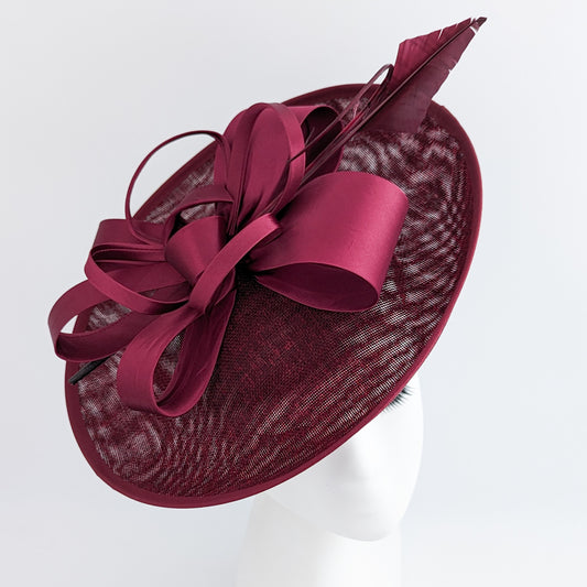 Burgundy feather large saucer disc fascinator hat