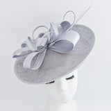 Silver feather large saucer disc fascinator hat