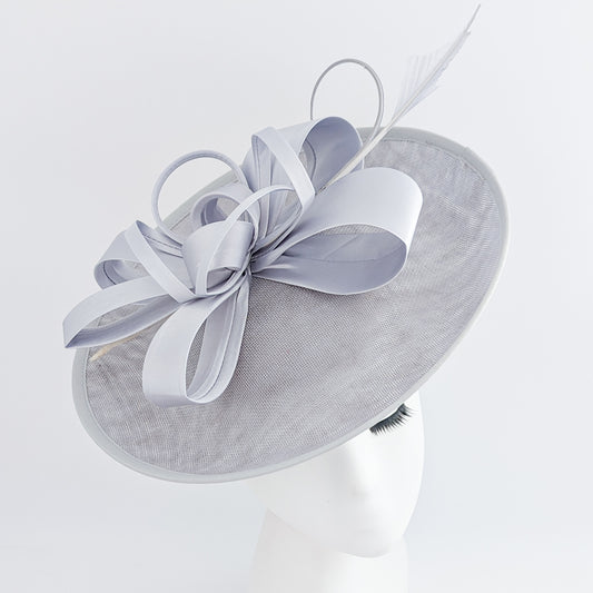 Silver feather large saucer disc fascinator hat