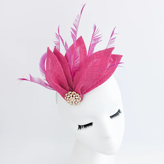 Fuchsia pink feather petal fan fascinator hat House of Hats