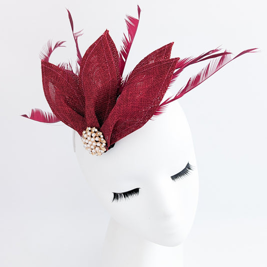 Burgundy feather petal fan fascinator hat