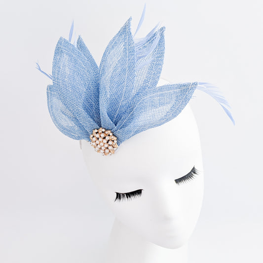 Light cornflower blue feather petal fan fascinator hat