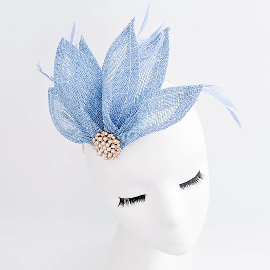Light cornflower blue feather petal fan fascinator hat House of Hats