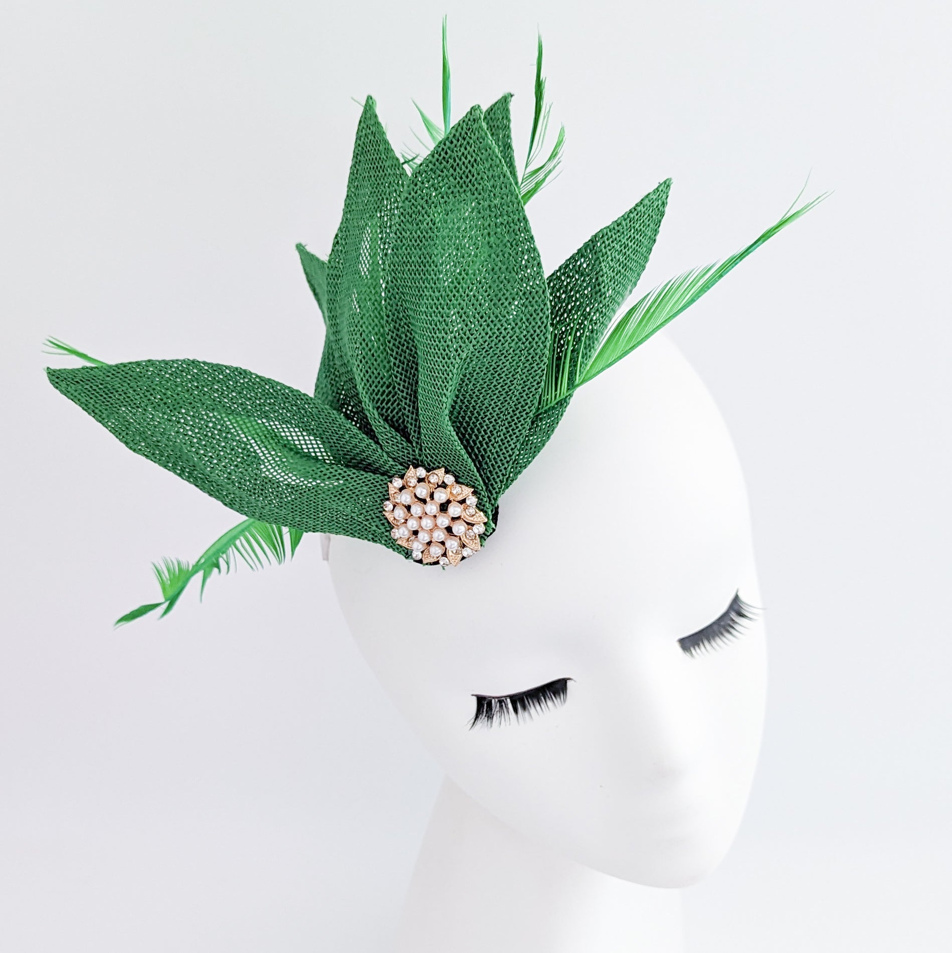 Shamrock green feather petal fan fascinator hat