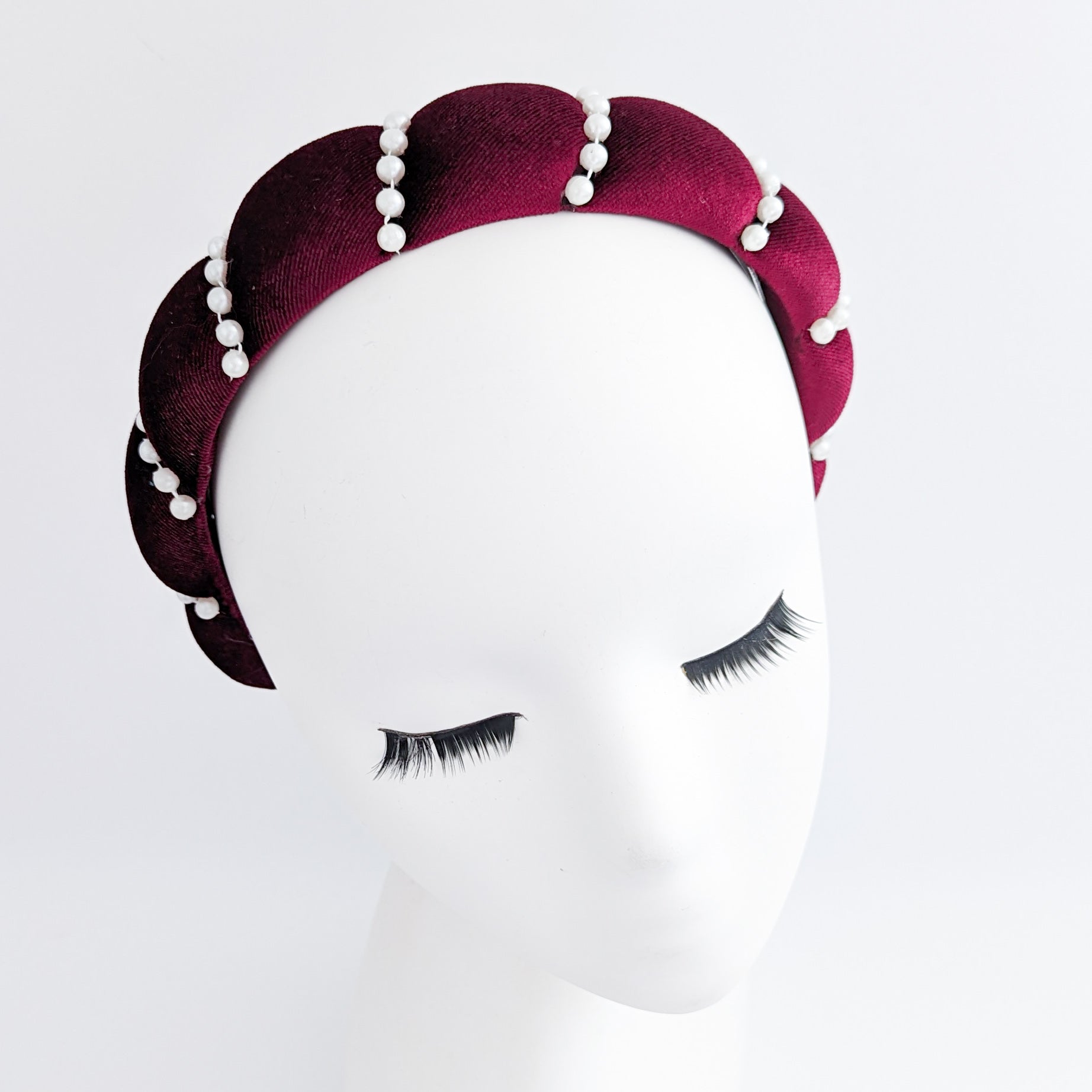 Burgundy pearl ruched padded velvet headband fascinator