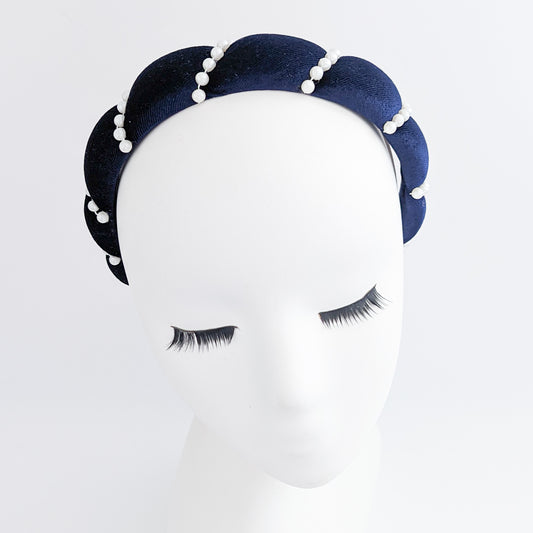 Midnight blue pearl ruched padded velvet headband fascinator