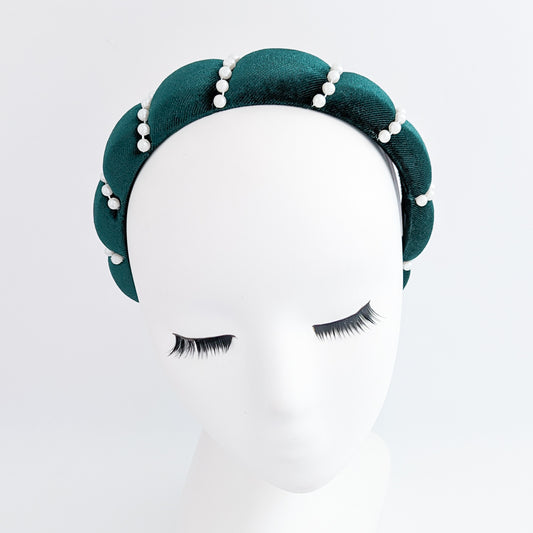 Bottle green pearl ruched padded velvet headband fascinator