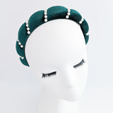Bottle green pearl ruched padded velvet headband fascinator