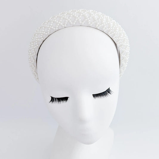 White beaded pearl padded headband fascinator House of Hats