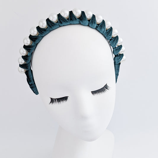 Bottle green large pearl ruched velvet headband fascinator