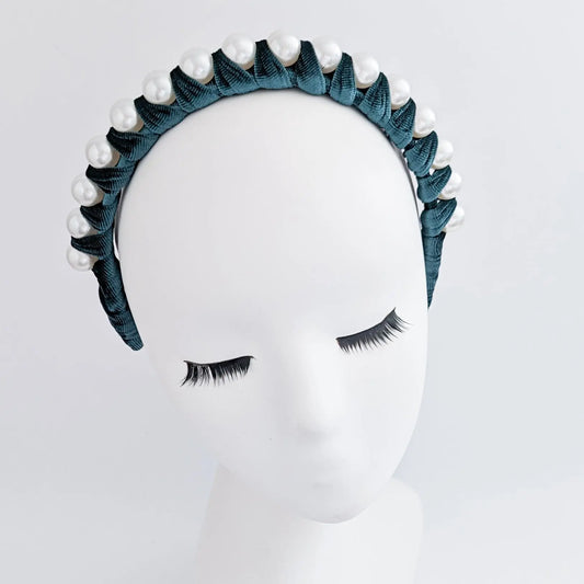 Bottle green large pearl ruched velvet headband fascinator House of Hats