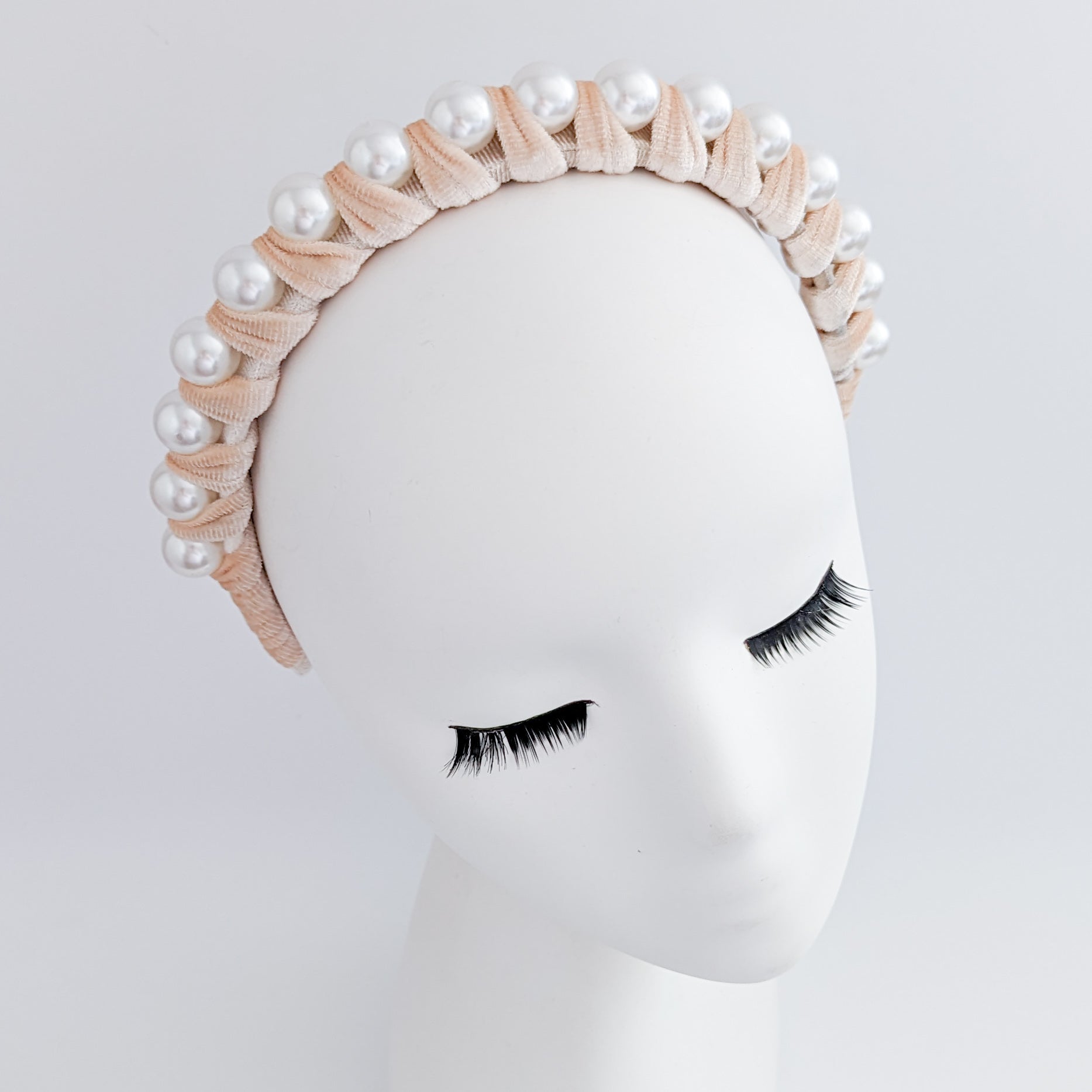 Nude peach large pearl ruched velvet headband fascinator