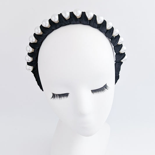 Black large pearl ruched velvet headband fascinator