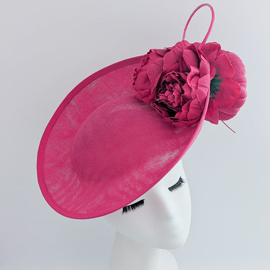 Fuchsia pink large flower saucer disc fascinator hat