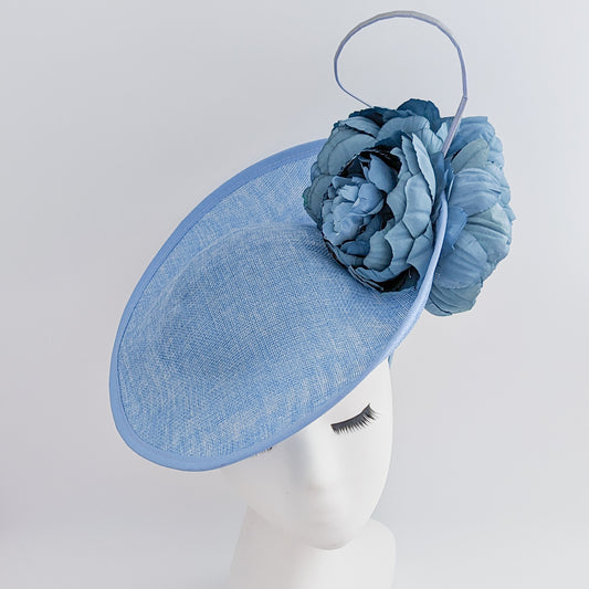 Light cornflower blue large flower saucer disc fascinator hat