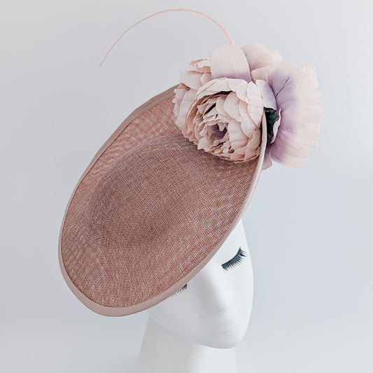 Blush pink large flower saucer disc fascinator hat