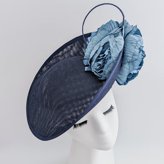 Navy blue large flower saucer disc fascinator hat