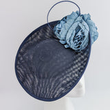 Navy blue large flower saucer disc fascinator hat